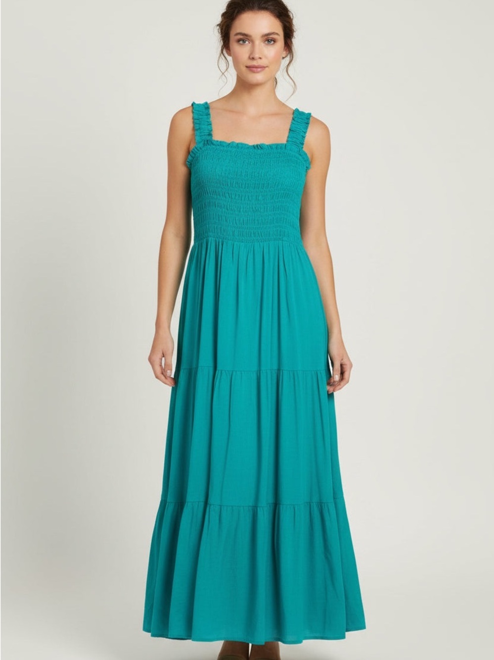 Copper Key Teal Tiered Maxi Dress with Smocked Bodice